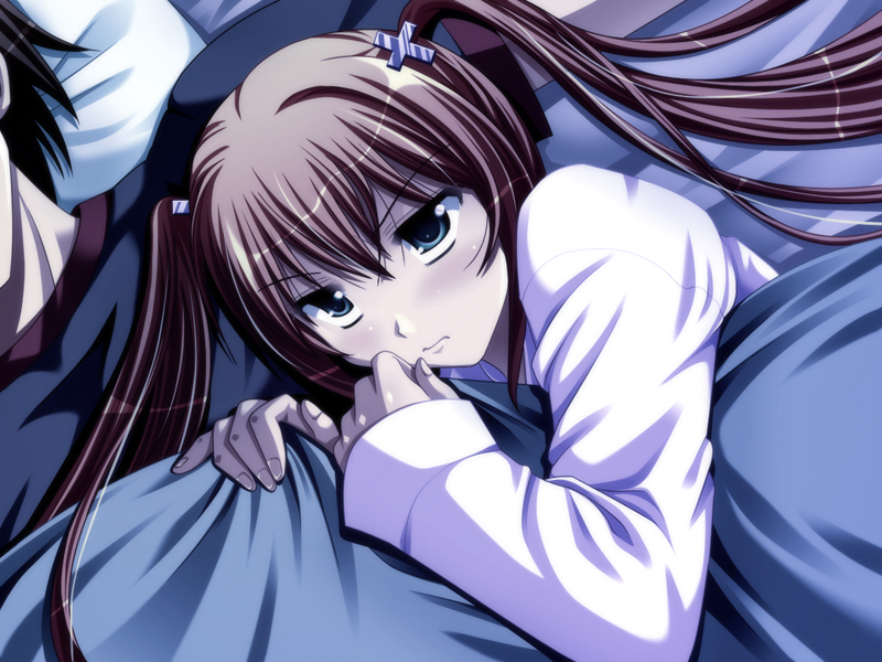 bed blush cross cute erika_inaba futari_no_erika green_eyes