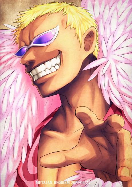 blonde_hair donquixote_doflamingo glasses grin kei-suwabe male_focus one_piece smile solo teeth