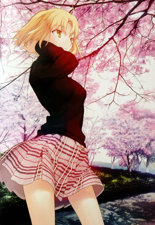 blonde_hair cherry_blossoms green_eyes kyoto original pullover skirt solo takeuchi_takashi tree