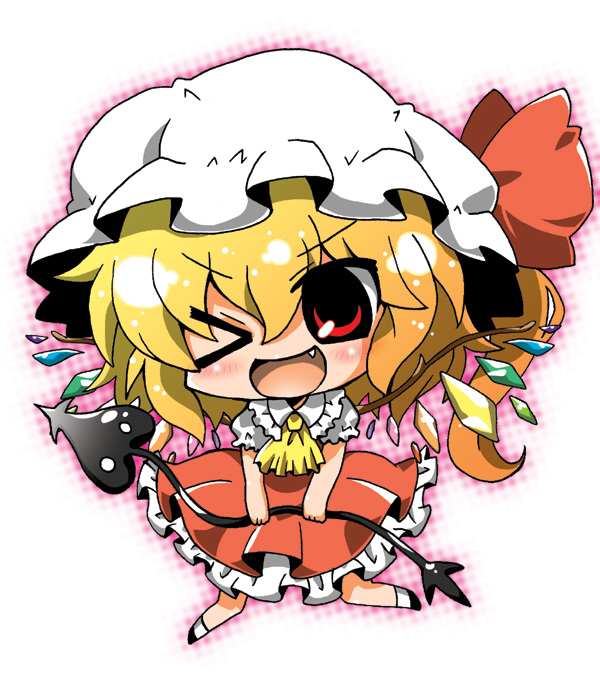 :d ;d bad_id bad_pixiv_id blonde_hair blush chibi dress fang flandre_scarlet laevatein noai_nioshi one_eye_closed open_mouth polearm red_eyes short_hair side_ponytail smile solo touhou v-shaped_eyebrows weapon wings