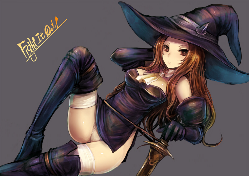blush boots breasts brown_eyes brown_hair hat kara_(color) large_breasts legs long_hair lying panties solo sword tactics_ogre thigh_boots thighhighs underwear weapon white_panties witch_(tactics_ogre) witch_hat
