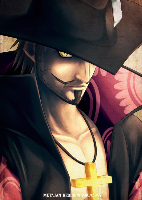black_hair cross cross_necklace dated dracule_mihawk facial_hair hat jewelry kei-suwabe male_focus mustache necklace one_piece solo yellow_eyes