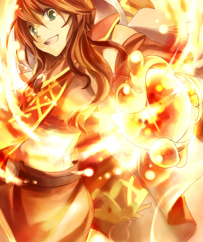 :d brown_hair dress edacchi fire flame green_eyes long_hair long_sleeves looking_at_viewer maplestory open_mouth oz_(maplestory) red_dress red_hair smile solo tabard