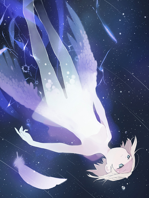 blue_eyes falling feathers kitsuta original personification short_hair silver_hair smile solo space upside-down wings