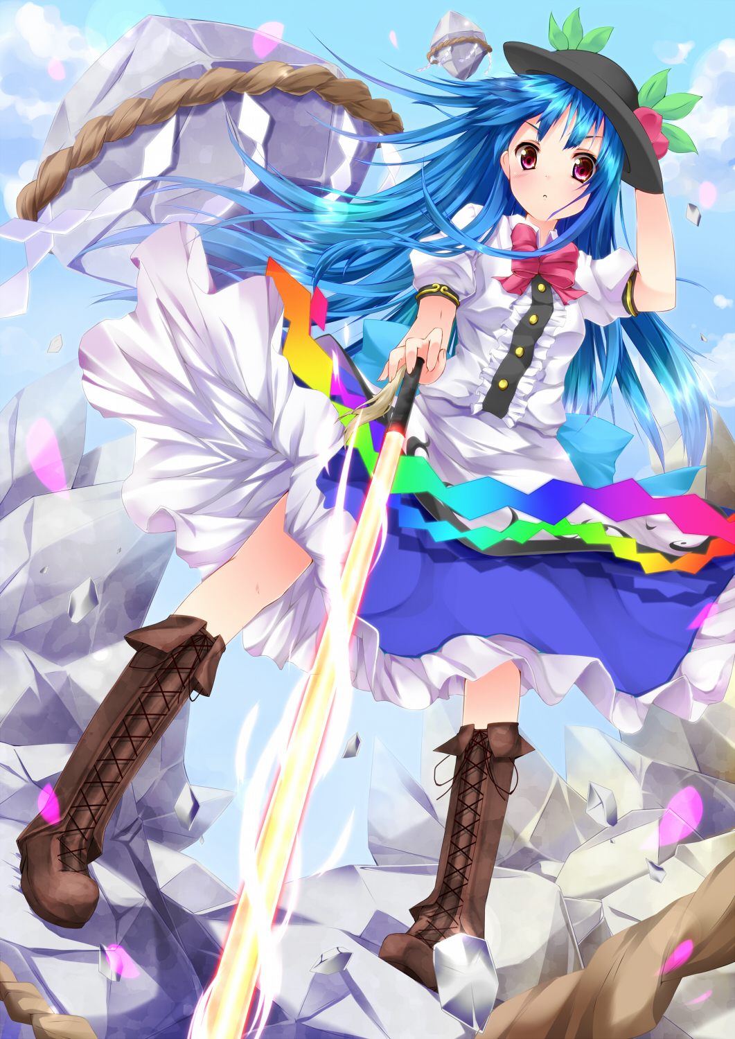bad_id bad_pixiv_id blue_hair boots cross-laced_footwear food from_below fruit hand_on_headwear hat highres hinanawi_tenshi keystone lace-up_boots long_hair nironiro peach purple_eyes red_eyes solo stone sword sword_of_hisou touhou weapon wind wind_lift