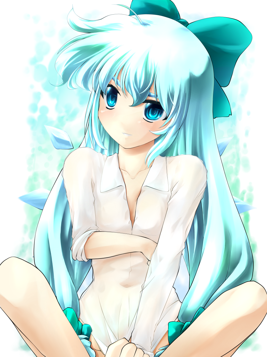 alternate_hair_length alternate_hairstyle blue_eyes blue_hair bottomless bow cirno hair_bow hair_ribbon highres indian_style long_hair naked_shirt navel ribbon shiromiza_kana shirt sitting sleeves_rolled_up solo touhou white_shirt wings