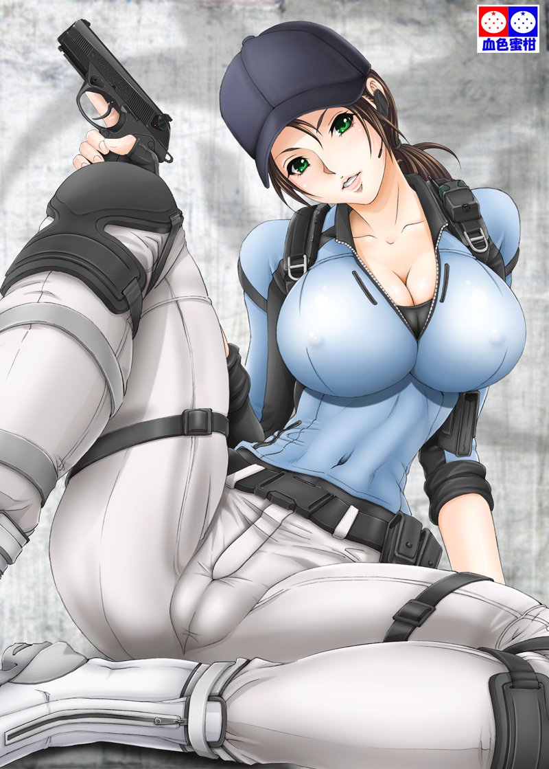 beretta_px4 boots brand_name_imitation breasts brown_hair cameltoe cleavage fingerless_gloves gloves green_eyes gun handgun hat headset jill_valentine knee_pads large_breasts long_hair ponytail resident_evil resident_evil_5 size_hermitage solo tamiya_incorporated trigger_discipline weapon
