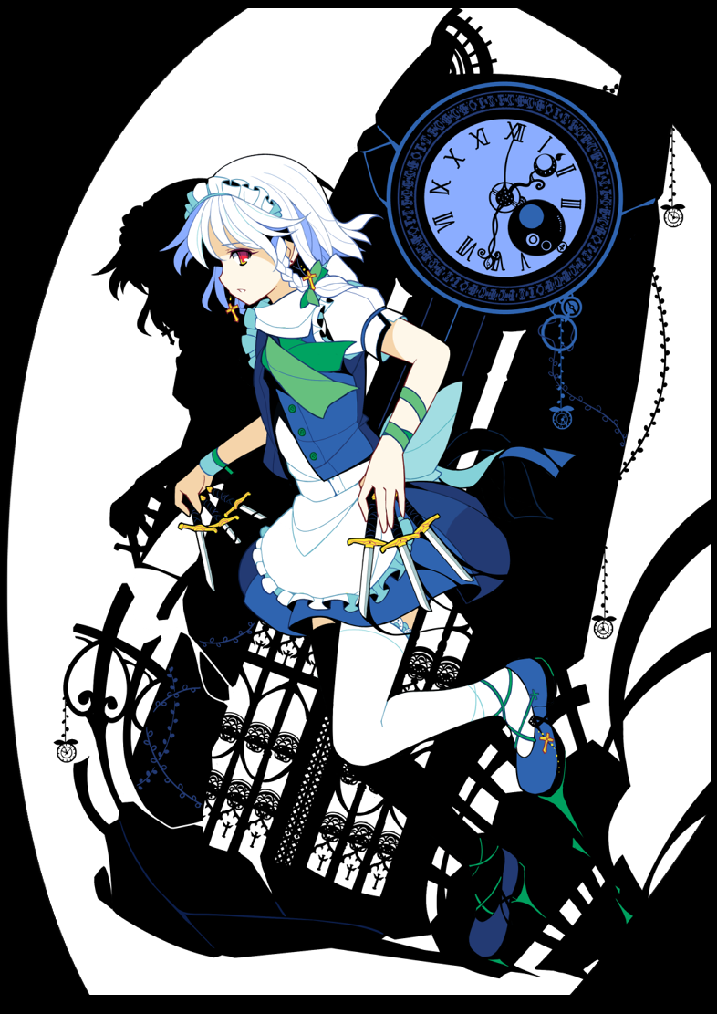 apron braid buttons clock cross earrings flat_color ideolo izayoi_sakuya jewelry knife legs maid maid_headdress red_eyes ribbon shadow short_hair solo thighhighs touhou twin_braids vest waist_apron white_hair white_legwear wrist_ribbon wristband