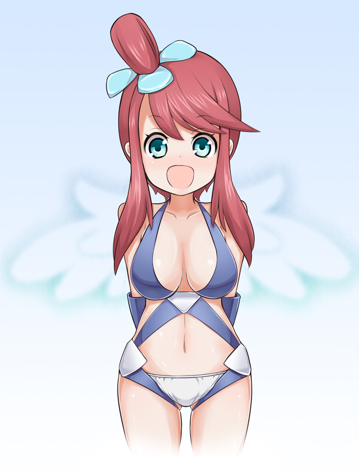 alcohol_(coldfront) bad_id bad_pixiv_id bare_shoulders blush breasts cleavage fuuro_(pokemon) green_eyes gym_leader large_breasts long_hair navel open_mouth pokemon pokemon_(game) pokemon_bw red_hair revealing_clothes sidelocks solo topknot
