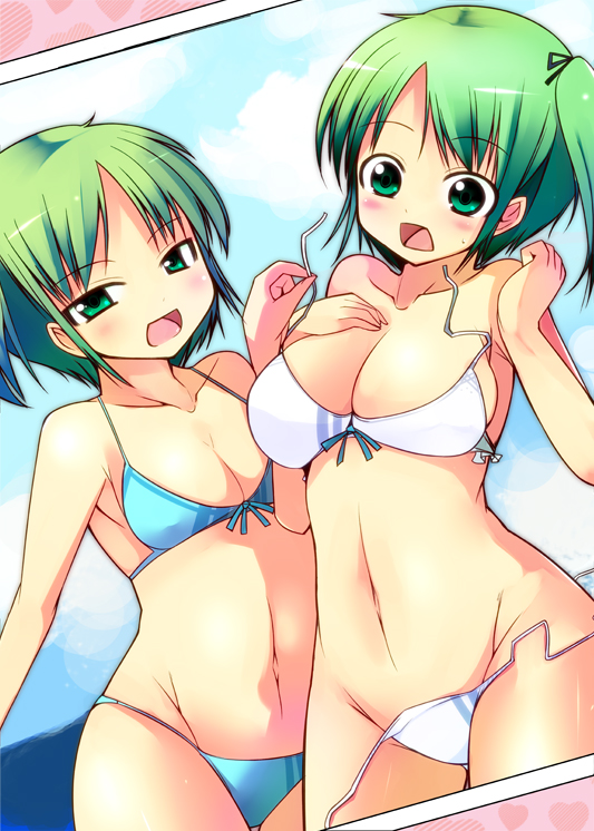 assisted_exposure bad_id bad_pixiv_id bikini blush breasts cleavage copyright_request green_eyes green_hair groin ippongui large_breasts multiple_girls open_mouth photo_(object) side_ponytail swimsuit untied wardrobe_malfunction
