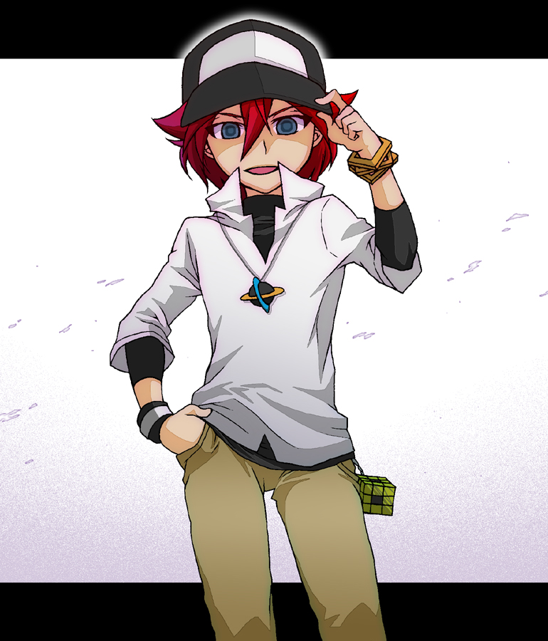 baseball_cap cosplay hat inazuma_eleven inazuma_eleven_(series) jewelry kiyama_hiroto male_focus n_(pokemon) n_(pokemon)_(cosplay) pokemon pokemon_(game) pokemon_bw red_hair solo