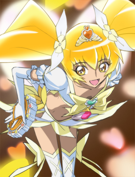 blonde_hair boots bow brown_background cure_sunshine downblouse elbow_gloves gloves haruyama_kazunori heart heartcatch_precure! instrument long_hair magical_girl midriff myoudouin_itsuki precure shiny_tambourine skirt solo super_silhouette_(heartcatch_precure!) tambourine thigh_boots thighhighs tiara twintails yellow yellow_bow yellow_eyes yellow_skirt