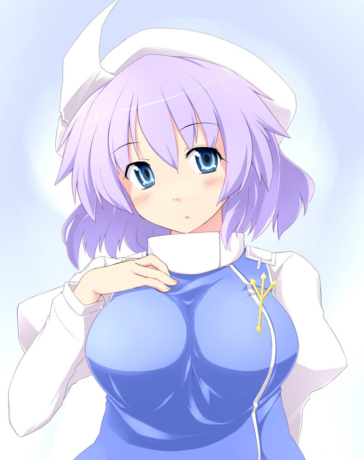batsu blue_eyes blush breasts hand_on_breast hat large_breasts lavender_hair letty_whiterock short_hair solo touhou