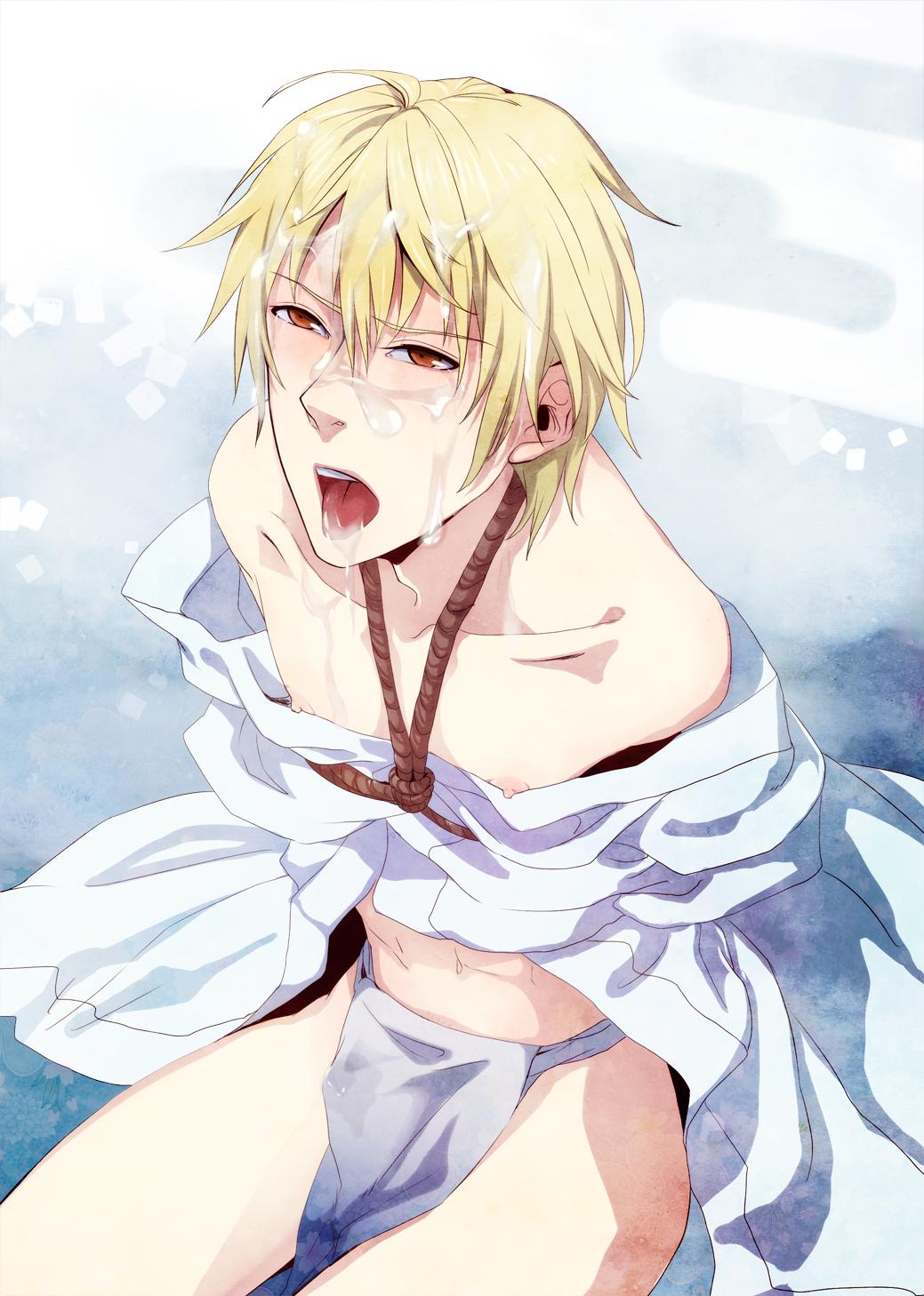 bdsm bondage bound cum durarara!! facial forced fundoshi gradient gradient_background heiwajima_shizuo highres japanese_clothes kimono male male_focus nipples open_mouth rape restrained rope skirt skirt_lift slave solo tongue traditional_clothes underwear yaoi