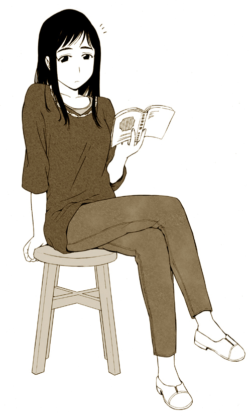 book crossed_legs jas kameidou_shizuka pants reading sitting solo soredemo_machi_wa_mawatteiru stool