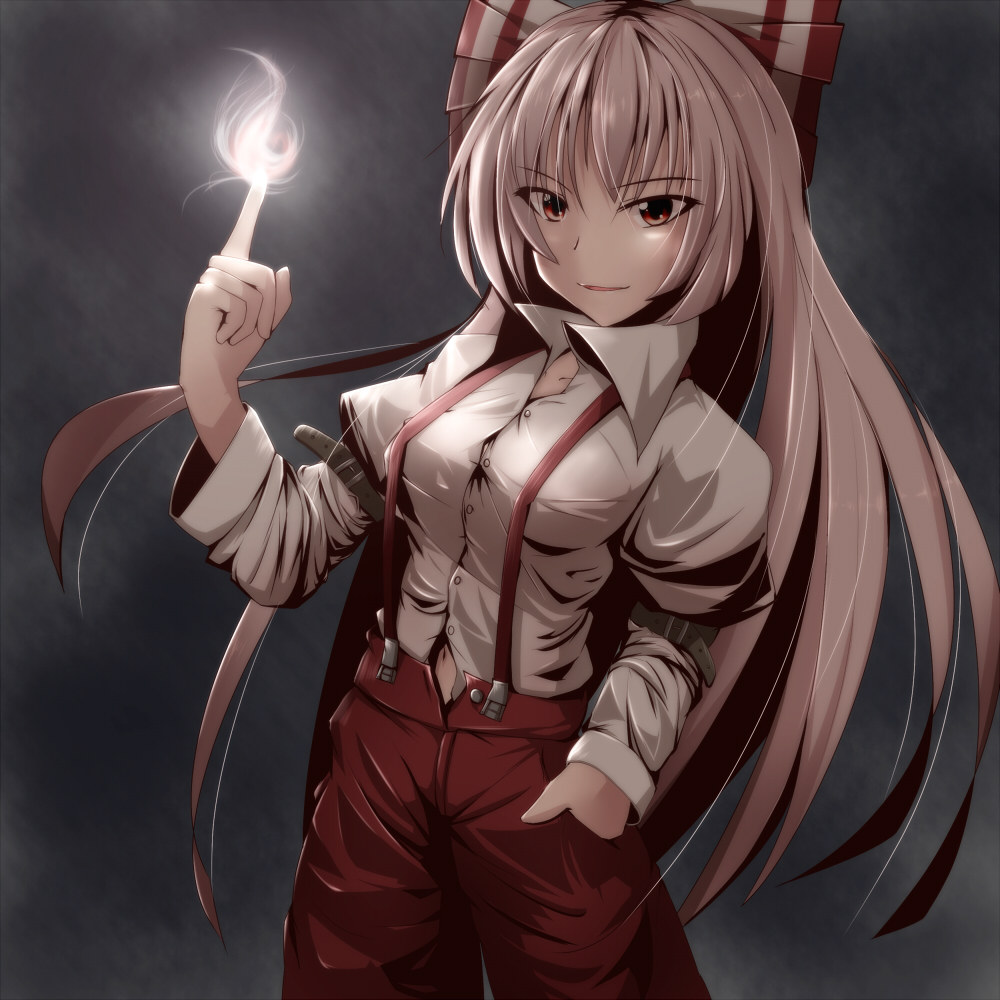 bow finger-tip_fire fire fujiwara_no_mokou hair_bow hand_in_pocket hands hiro_(pqtks113) light long_hair navel pointing red_eyes smile solo suspenders touhou white_hair