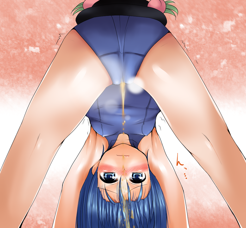 amecha asshat blue_eyes blue_hair blush breasts covered_nipples hinanawi_tenshi kneepits one-piece_swimsuit pee peeing school_swimsuit small_breasts solo swimsuit touhou upside-down