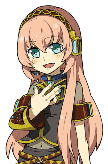 bad_id bad_pixiv_id belt buckle headphones long_hair megurine_luka microphone molly navel open_mouth pink_eyes pink_hair simple_background smile solo vocaloid