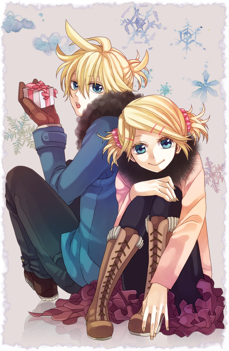 1girl blonde_hair boots brother_and_sister coat gift gloves hair_ornament hairclip highres holding holding_gift kagamine_len kagamine_rin pantyhose short_hair siblings sitting smile twins twintails vocaloid yamako_(state_of_children)