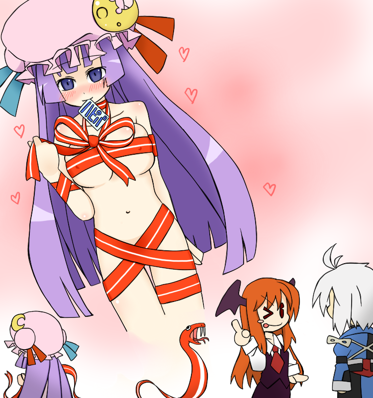 ;p ahoge bat_wings blush blush_stickers female_pervert happy_birthday hat head_wings koakuma morichika_rinnosuke multiple_girls naked_ribbon nude one_eye_closed pac-man_eyes patchouli_knowledge pervert purple_eyes purple_hair red_hair ribbon sag_(karehabase) snake tongue tongue_out touhou white_hair wings