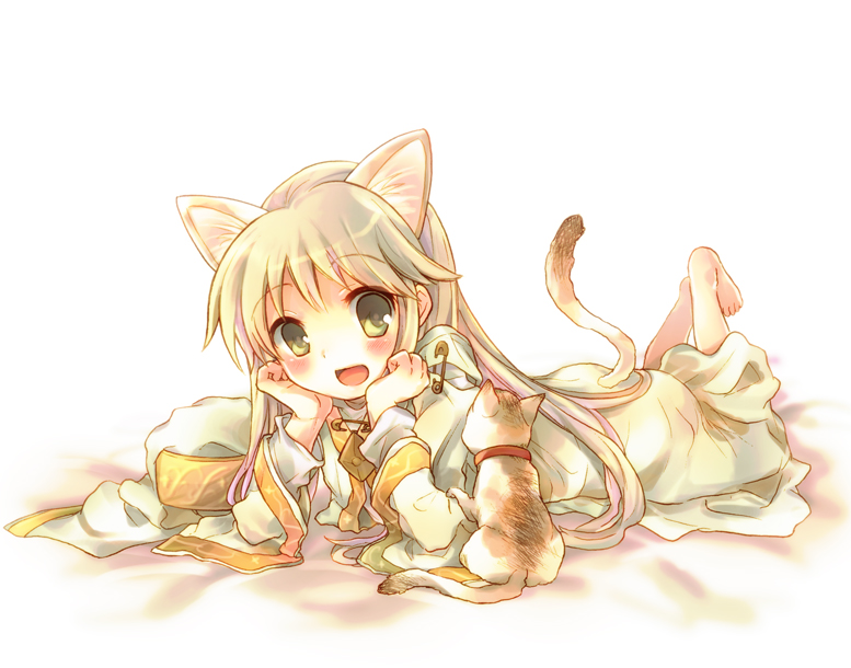 :d animal_ears barefoot blush cat cat_ears chin_rest extra_ears habit hat hat_removed headwear_removed index kemonomimi_mode long_hair lying nun on_stomach open_mouth robe safety_pin smile solo tachitsu_teto tail to_aru_majutsu_no_index