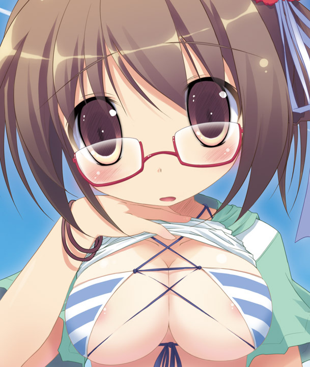 bikini_top blush breasts glasses hirose_madoka large_breasts nipples