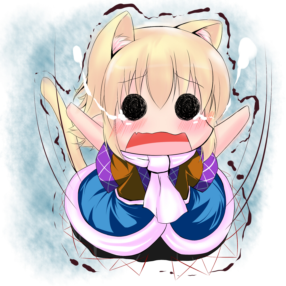 animal_ears blonde_hair blush carry_me cat_ears cat_tail chibi extra_ears fang hoshizuki_(seigetsu) kemonomimi_mode mizuhashi_parsee open_mouth pointy_ears puru-see scarf short_hair solo tail tears touhou trembling