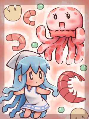 awa chibi clara_(kuragehime) crossover ikamusume jellyfish kuragehime lowres mini-ikamusume o_o shinryaku!_ikamusume shrimp
