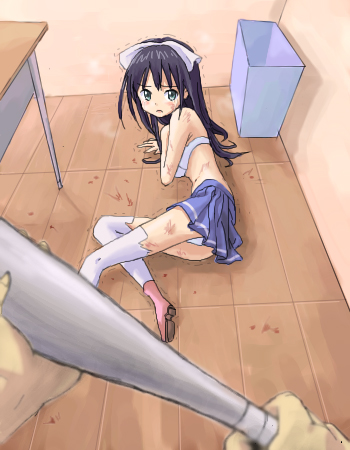 1boy 1girl abuse baseball_bat desk floor holding indoors legs long_hair looking_at_viewer lowres lying male_hand midriff navel on_floor on_side panties pov pov_eye_contact shadow shivering thighhighs torn_clothes trash_can trembling underwear wall white_legwear you_gonna_get_raped young younger