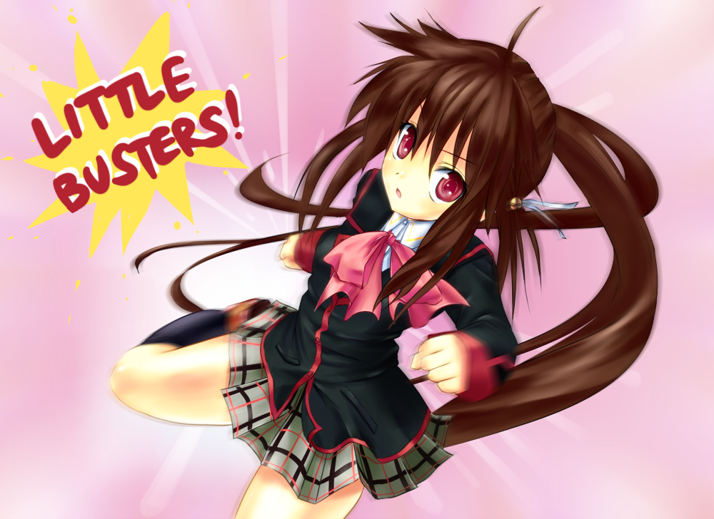 bow brown_hair kicking kotsu little_busters! long_hair motion_blur natsume_rin pink_bow ponytail red_eyes school_uniform solo