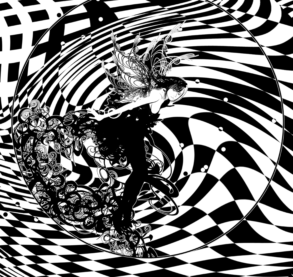 abstract_background bare_shoulders dress full_body greyscale kazaana monochrome original psychedelic simple_background sleeveless sleeveless_dress solo wings