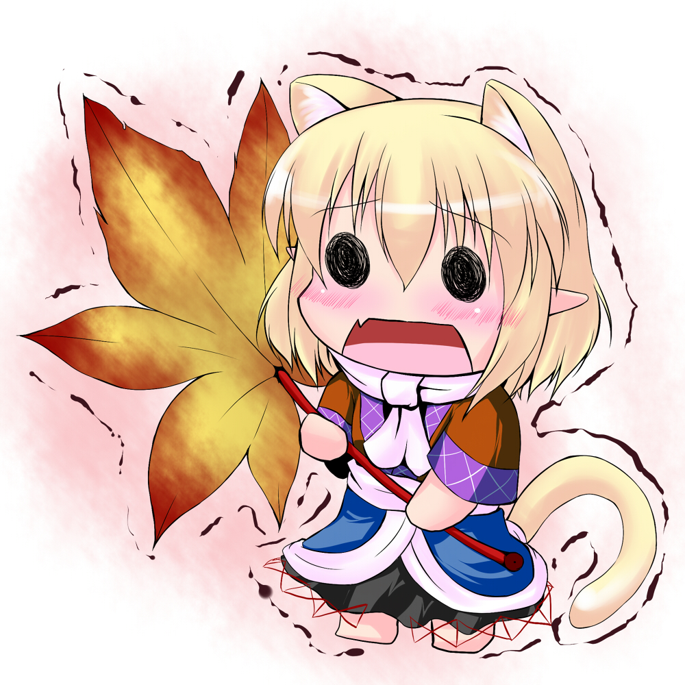 animal_ears blonde_hair blush cat_ears cat_tail chibi extra_ears fang hoshizuki_(seigetsu) kemonomimi_mode leaf maple_leaf mizuhashi_parsee open_mouth pointy_ears puru-see scarf short_hair solo tail touhou trembling