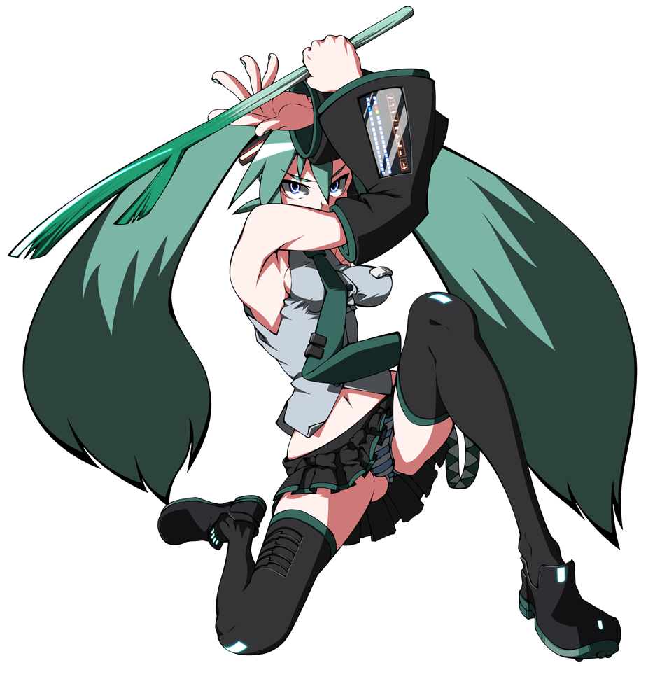 bad_id bad_pixiv_id blue_eyes detached_sleeves full_body green_hair hatsune_miku impossible_clothes impossible_shirt legs long_hair navel necktie nnnss panties shirt shoes simple_background skirt solo spring_onion striped striped_panties thighhighs twintails underwear very_long_hair vocaloid