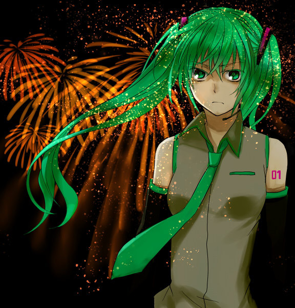 aerial_fireworks bad_id bad_pixiv_id bare_shoulders detached_sleeves fireworks green_eyes green_hair hatsune_miku long_hair necktie night night_sky serious sky solo torihara_shuu twintails vocaloid