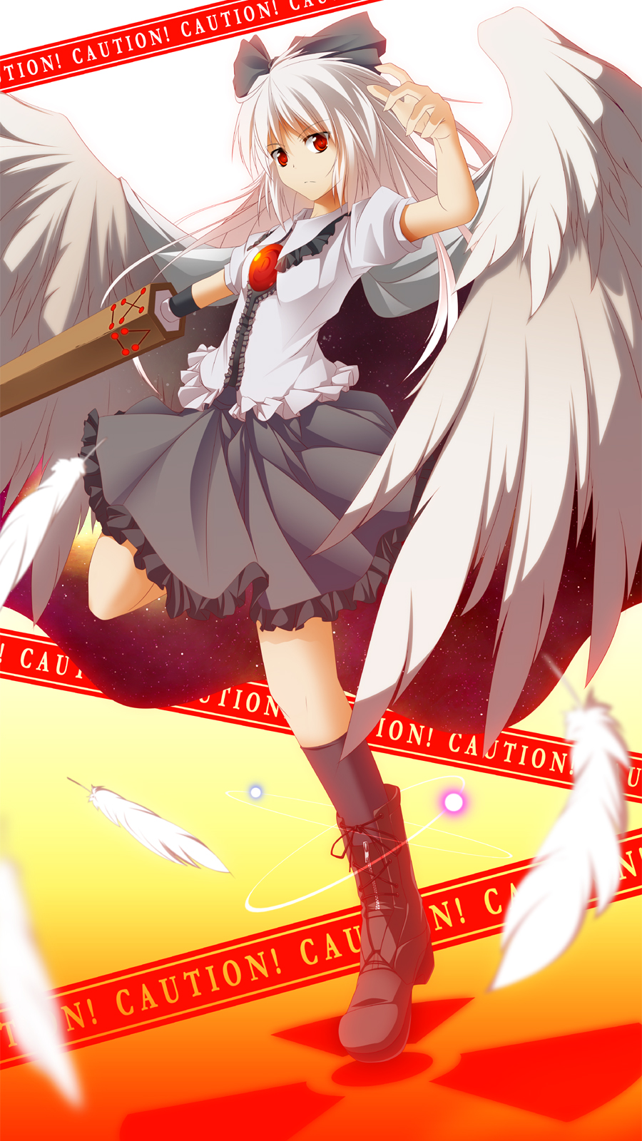 alternate_color alternate_hair_color arm_cannon black_legwear boots bow caution caution_tape feathers frown hair_bow highres kneehighs large_wings long_hair radiation_symbol red_eyes reiuji_utsuho skirt solo standing standing_on_one_leg touhou weapon white_hair wings zb