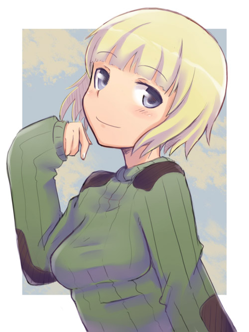 blonde_hair blue_eyes blush elbow_patches em erica_hartmann green_shirt non-web_source shirt shoulder_patches sky solo strike_witches sweater world_witches_series