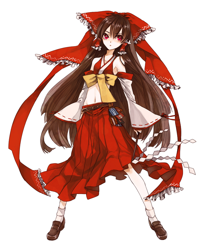 adapted_costume ascot bad_id bad_pixiv_id bare_shoulders belt bow brown_hair detached_sleeves full_body gohei groin hair_bow hair_ribbon hakurei_reimu kyra loafers long_hair midriff navel red_eyes ribbon shoes simple_background solo standing touhou