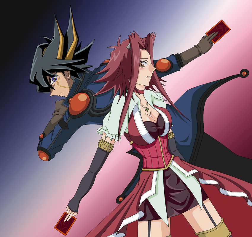 1boy 1girl fudou_yuusei izayoi_aki yu-gi-oh! yuu-gi-ou_(card) yuu-gi-ou_5d's