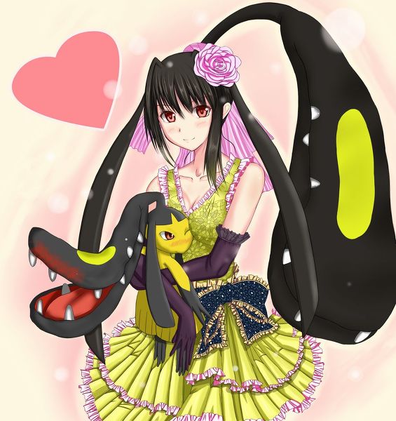 bare_shoulders blush bow breasts cleavage dress dual_persona gijinka gloves hair_bow hair_ornament holding long_hair mawile moemon personification pokemon pokemon_(game) ponytail red_eyes ribbon smile solo teeth wink