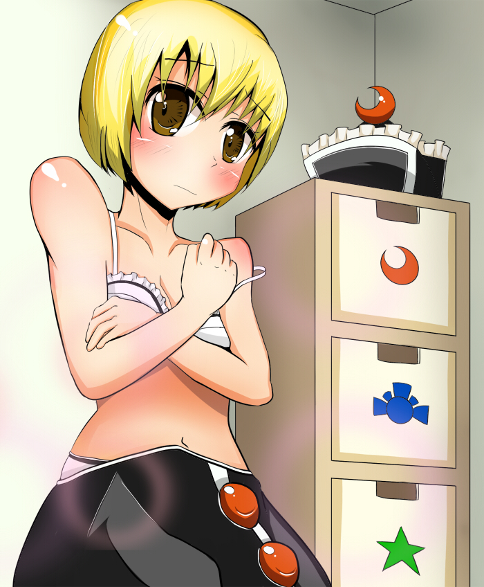 bad_anatomy bare_shoulders blonde_hair brown_eyes file_cabinet hat hat_removed headwear_removed lunasa_prismriver pohe_(hohei_no_atsumari) short_hair solo touhou