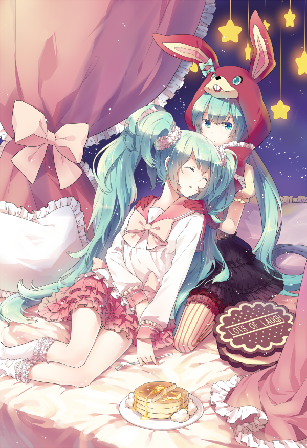 animal_ears animal_hood aqua_eyes aqua_hair bow bunny_ears bunny_hood cake curtains dual_persona food frilled_skirt frills gloves hands_on_shoulders hatsune_miku hood long_hair lots_of_laugh_(vocaloid) lying multiple_girls on_bed pancake pantyhose rella school_uniform serafuku sitting skirt star striped striped_legwear twintails vertical-striped_legwear vertical_stripes vocaloid