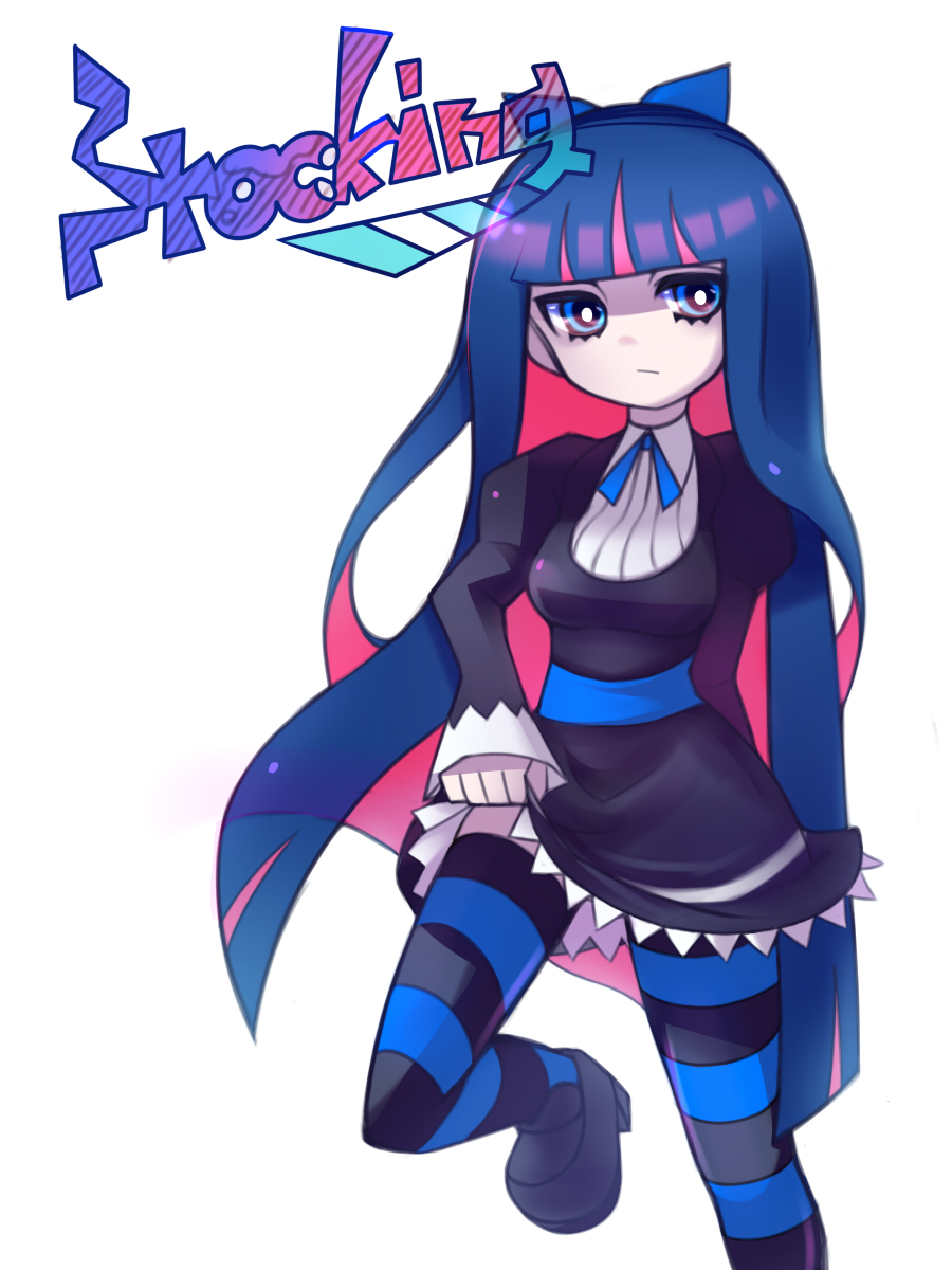 blue_eyes bow dress goth gothic highres long_hair multicolored_hair panty_&amp;_stocking_with_garterbelt rani stocking_(character) stocking_(psg) striped striped_legwear striped_stockings striped_thighhighs thighhighs