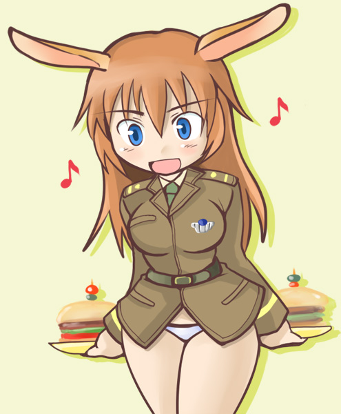 animal_ears blue_eyes breasts bunny_ears charlotte_e_yeager food hamburger long_hair medium_breasts military military_uniform music non-web_source panties singing solo strike_witches underwear uniform world_witches_series
