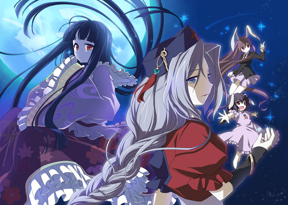 :d animal_ears anime_coloring black_hair blazer blue_eyes blue_moon braid bunny_ears bunny_tail full_moon hands_in_opposite_sleeves hat houraisan_kaguya inaba_tewi jacket long_hair moon multiple_girls open_mouth ornate outstretched_arms purple_hair red_eyes reisen_udongein_inaba short_hair silver_hair sleeves_past_wrists smile soukuu_kizuna spread_arms tail touhou yagokoro_eirin