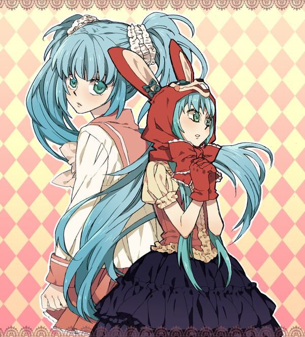 animal_hood bad_id bad_pixiv_id blue_eyes bow bowtie bunny_hood checkered checkered_background clone frills gloves hands_clasped hatsune_miku hood lavender_hair long_hair lots_of_laugh_(vocaloid) molly multiple_girls open_mouth own_hands_together ribbon school_uniform twintails vocaloid