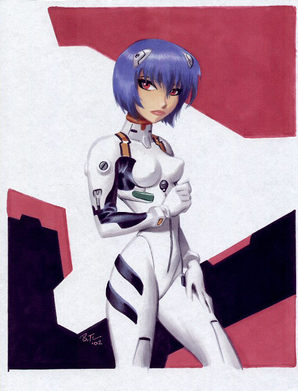 ayanami_rei bangs blue_hair bodysuit bracer breasts bruce_timm clenched_hand closed_mouth covered_nipples dated expressionless gloves hair_between_eyes hand_on_own_thigh headgear impossible_bodysuit impossible_clothes legs_apart lips lipstick looking_at_viewer makeup neon_genesis_evangelion pilot_suit plugsuit red_eyes red_lipstick signature simple_background skinny small_breasts solo standing traditional_media turtleneck white_bodysuit