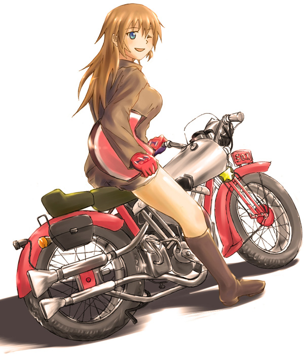 1girl blue_eyes brough_superior brown_hair charlotte_e_yeager gloves ground_vehicle helmet long_hair motor_vehicle motorcycle one_eye_closed solo strike_witches world_witches_series