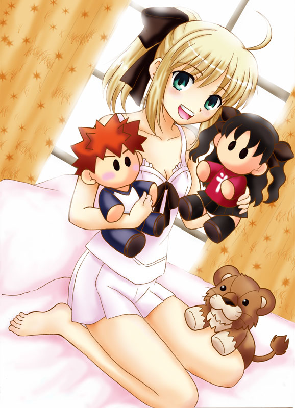 ahoge artoria_pendragon_(all) barefoot black_hair blonde_hair camisole character_doll doll emiya_shirou fate/stay_night fate/unlimited_codes fate_(series) green_eyes lion long_legs nishisute open_mouth ponytail red_hair saber saber_lily shorts smile solo stuffed_toy toosaka_rin