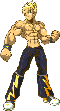 1boy abs aqua_eyes blonde_hair chest full_body jewelry lighting_bolt lightning_bolt lowres male male_focus muscle necklace pecs solo topless wristband