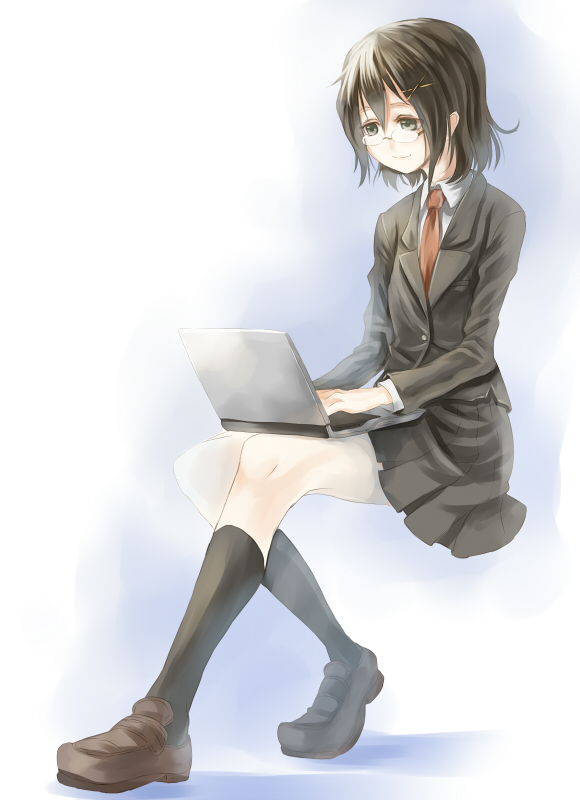 bad_id bad_pixiv_id banned_artist black_hair blazer blue_background computer glasses grey_eyes hair_ornament hairclip jacket laptop necktie original paseri short_hair sitting skirt smile socks solo two-tone_background white_background